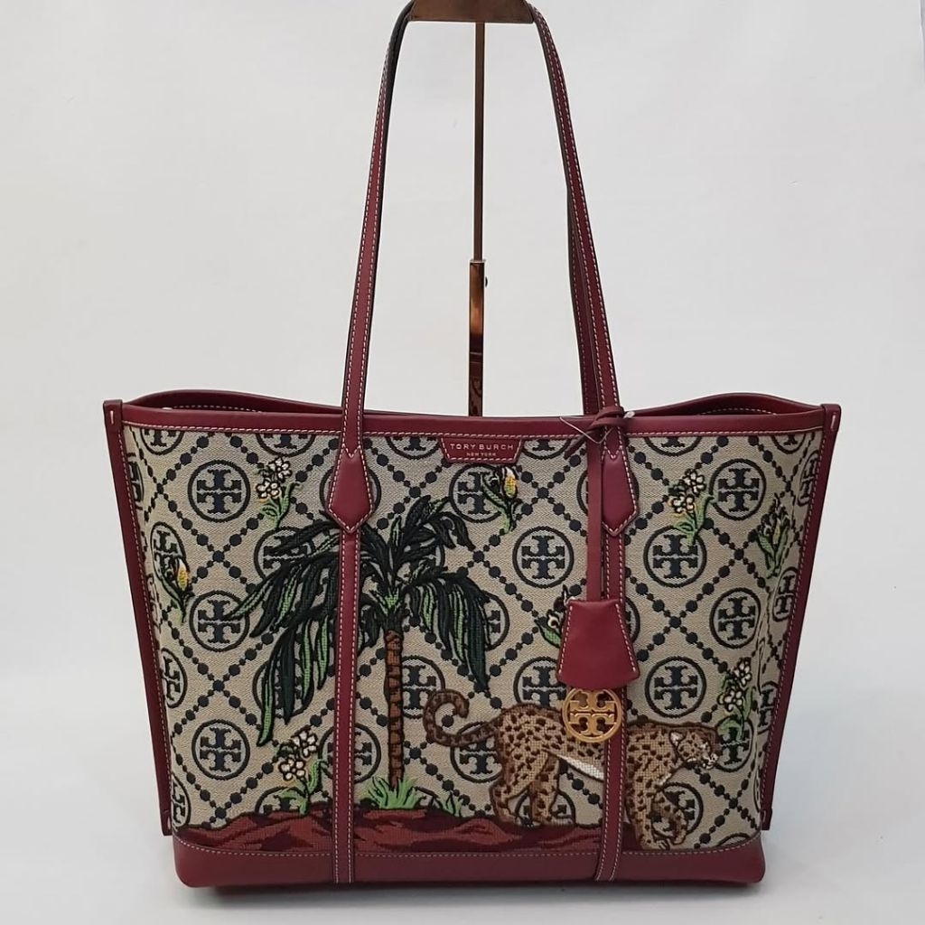 TB Perry Monogram Jaquard Embroidered Triple Compartment Tote/ Navy