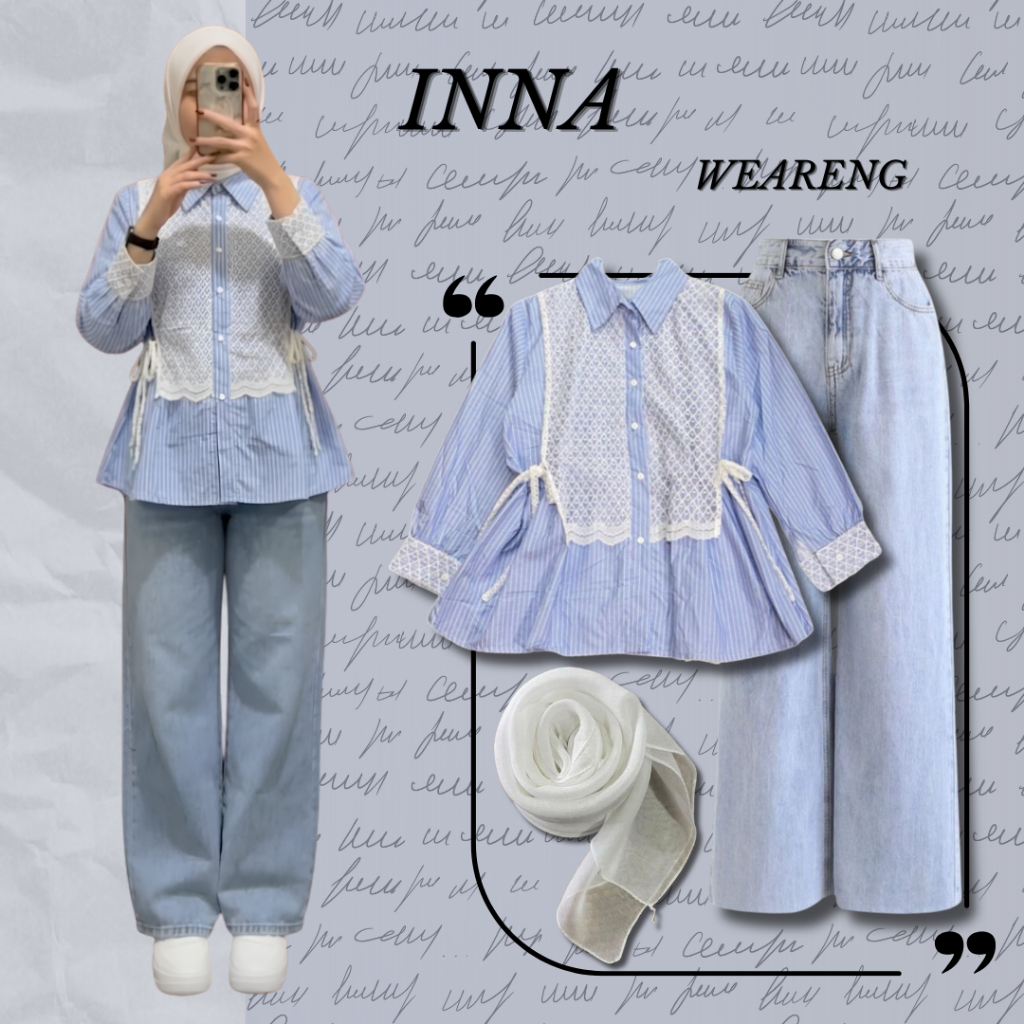 ONE SET INNA 3IN1 OOTD KOREAN LOOK HIJAB - SETELAN WANITA KEKINIAN HIJAB BELLA SQUARE+LACE BLOUSE+LO