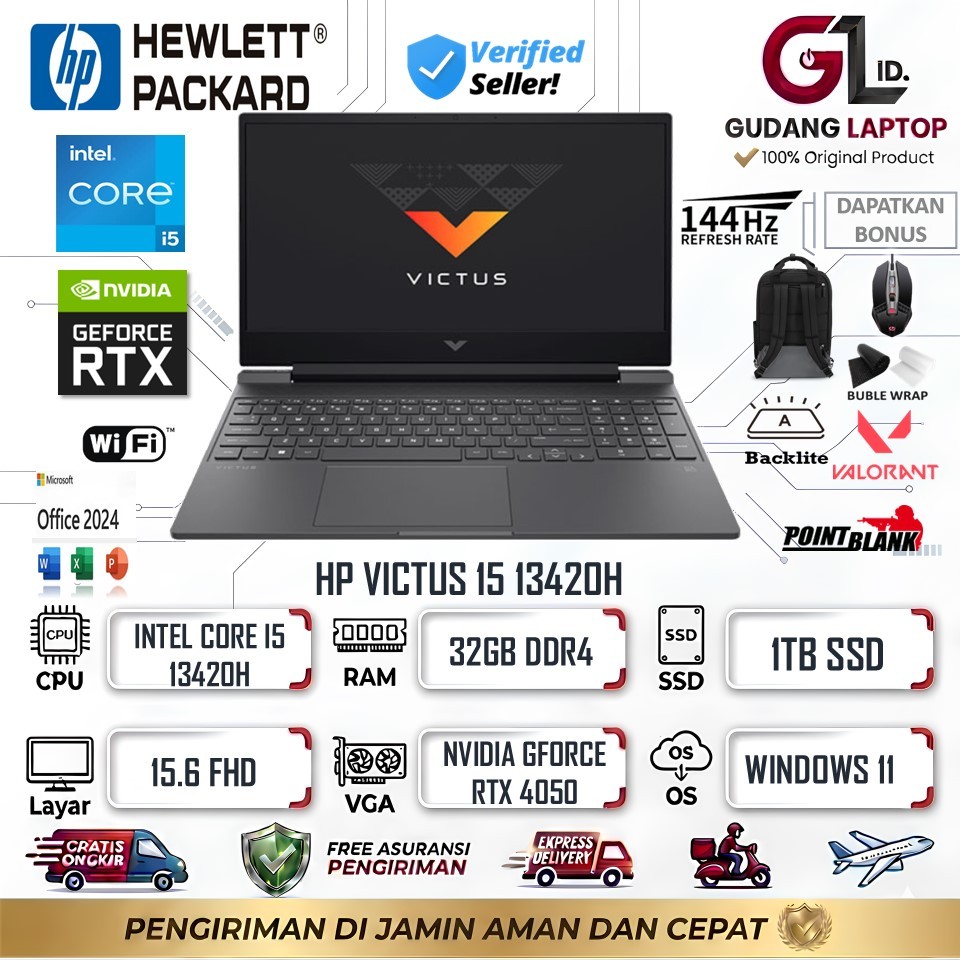 BARU Laptop Gaming Hp Victus 15 Core i5 13420H RAM 32GB 1TB SSD RTX 4050 144Hz Backlight