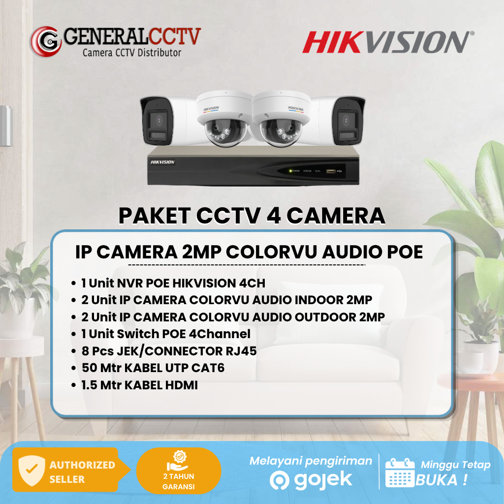 PAKET 4 IP KAMERA HIKVISION 2MP COLORVU AUDIO IP CAMERA POE