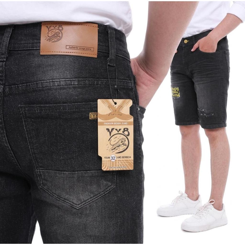 Celana Pendek Sobek Premium Jeans Pria Dewasa Robek Ripped Lapis Distro Warna Snow Bahan Jeans Stret