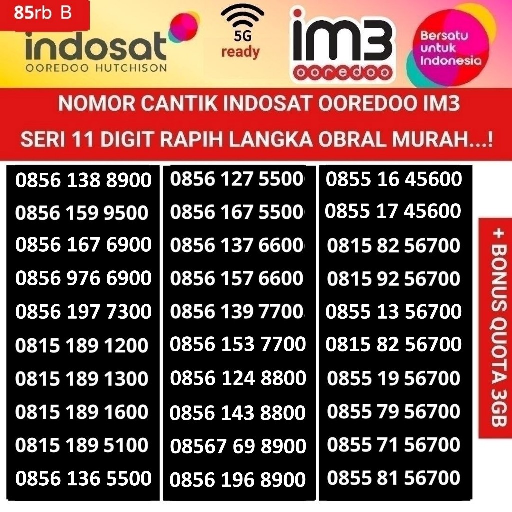 nomer cantik indosat ooredoo 11 digit kartu perdana im3 rapih 4G 5G obral bonus quota 3GB bukan 10 d