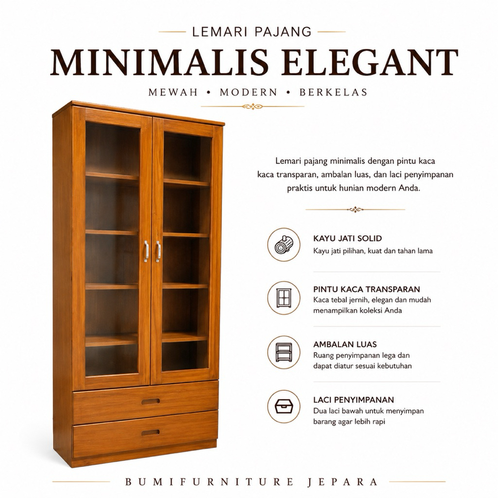 Lemari Pajangan Kayu Kaca 2 Pintu Minimalis – Rak Display Serbaguna untuk Piring, Gelas, Koleksi (Cu