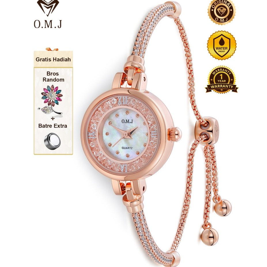 OMJ G037 Jam Tangan Serut Wanita Berlian Rose Gold Gelang Strap Dapat Disesuaikan Sendiri Korea Tren