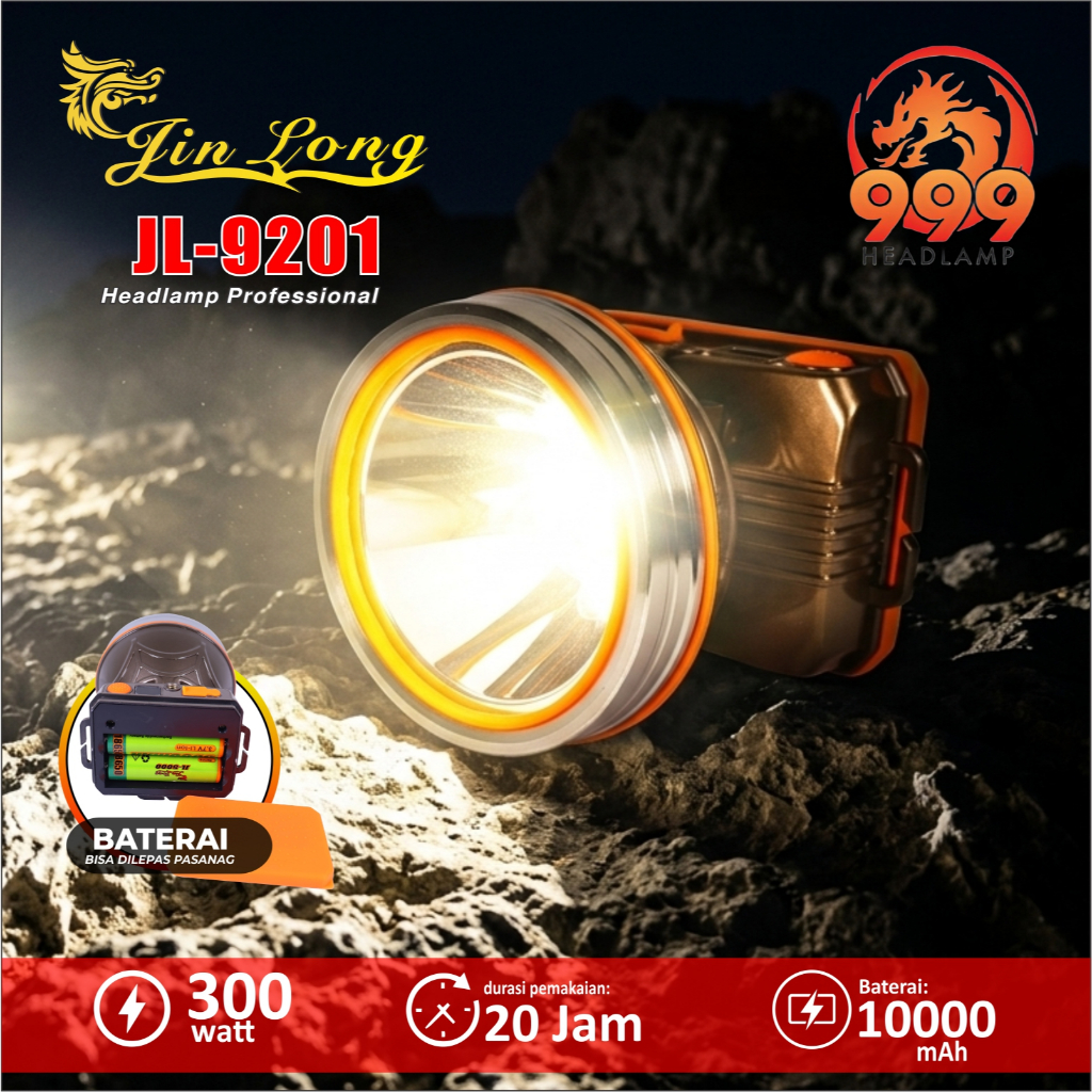 Senter Kepala / Headlamp Jinlong JL 9201 waterproof / tahan air 300 watt baterai 10000 mAh
