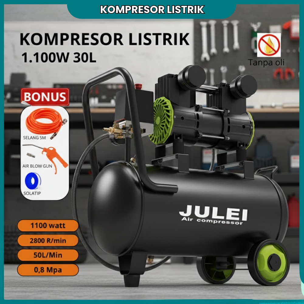 Kompresor Angin Listrik JULEI 30L Mesin Kompresor 8 Bar Oilless Tanpa Minyak Silent Silent Air Compr