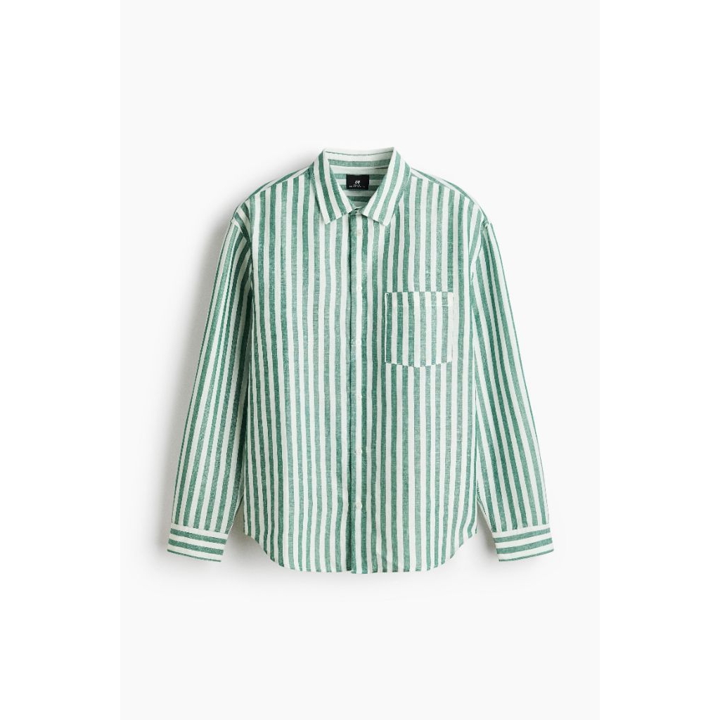 Kemeja Pria H&M Stripe | Kemeja dengan potongan longgar dari campuran linen