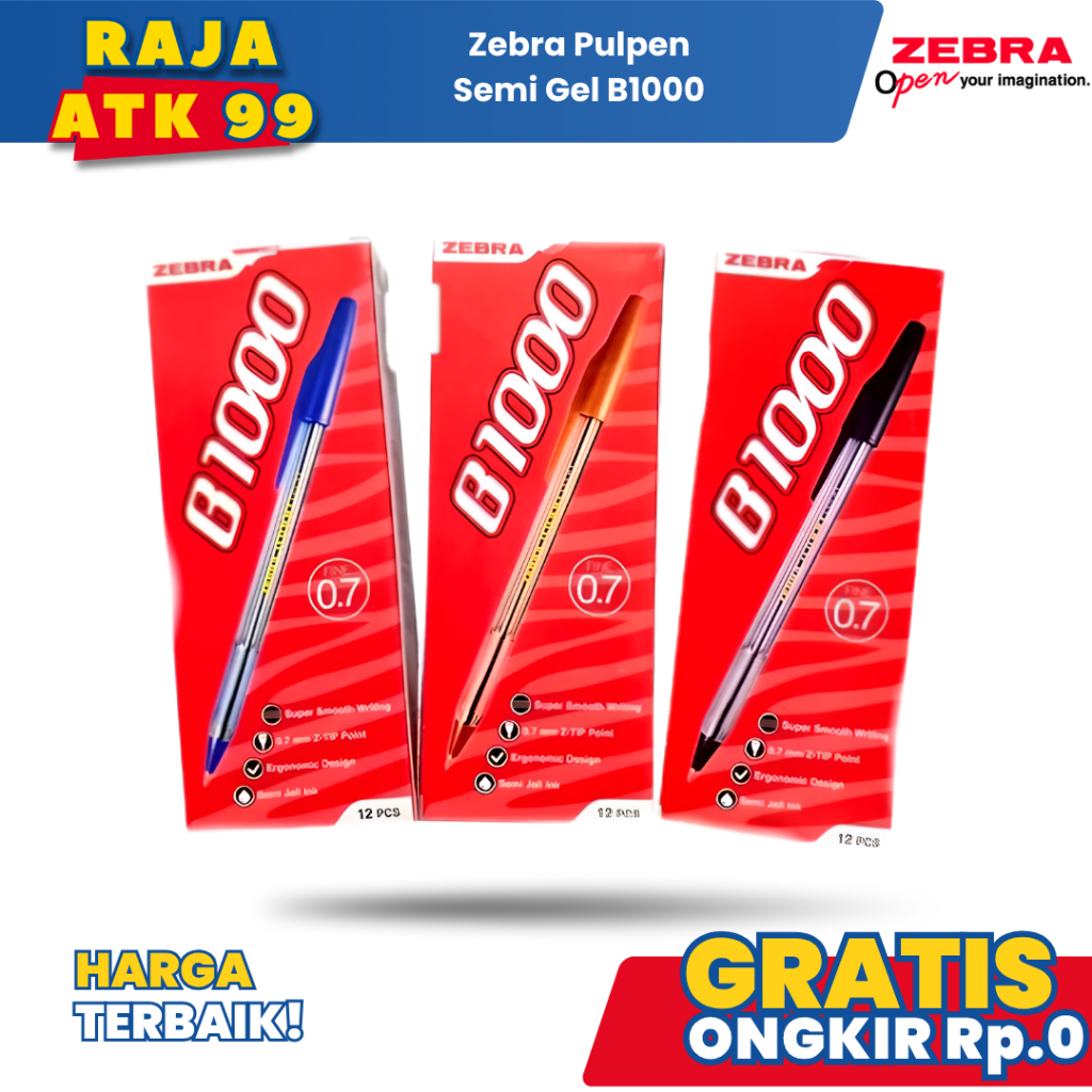 Zebra Pulpen Semi Gel Zebra B1000 Hitam Biru Merah - Lusinan