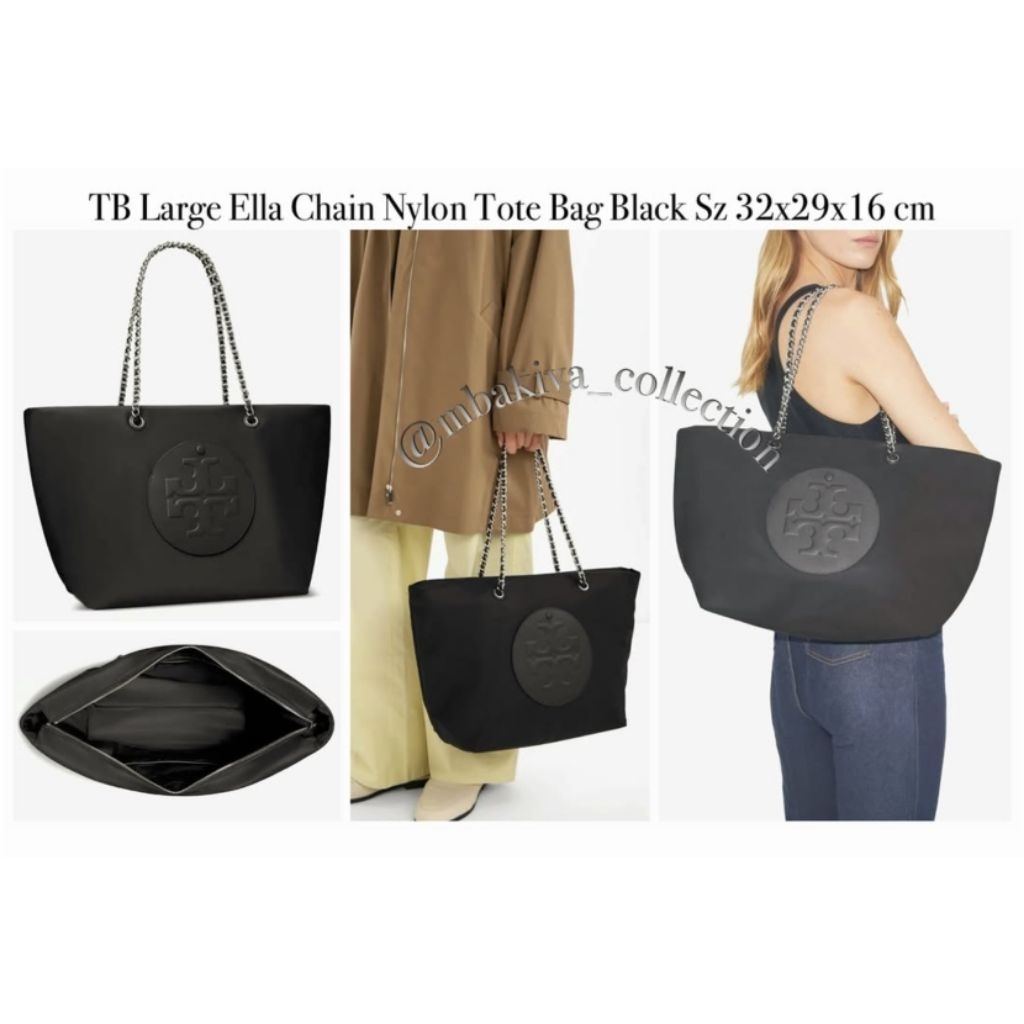 TB Large Ella Chain Nylon Tote Bag Black