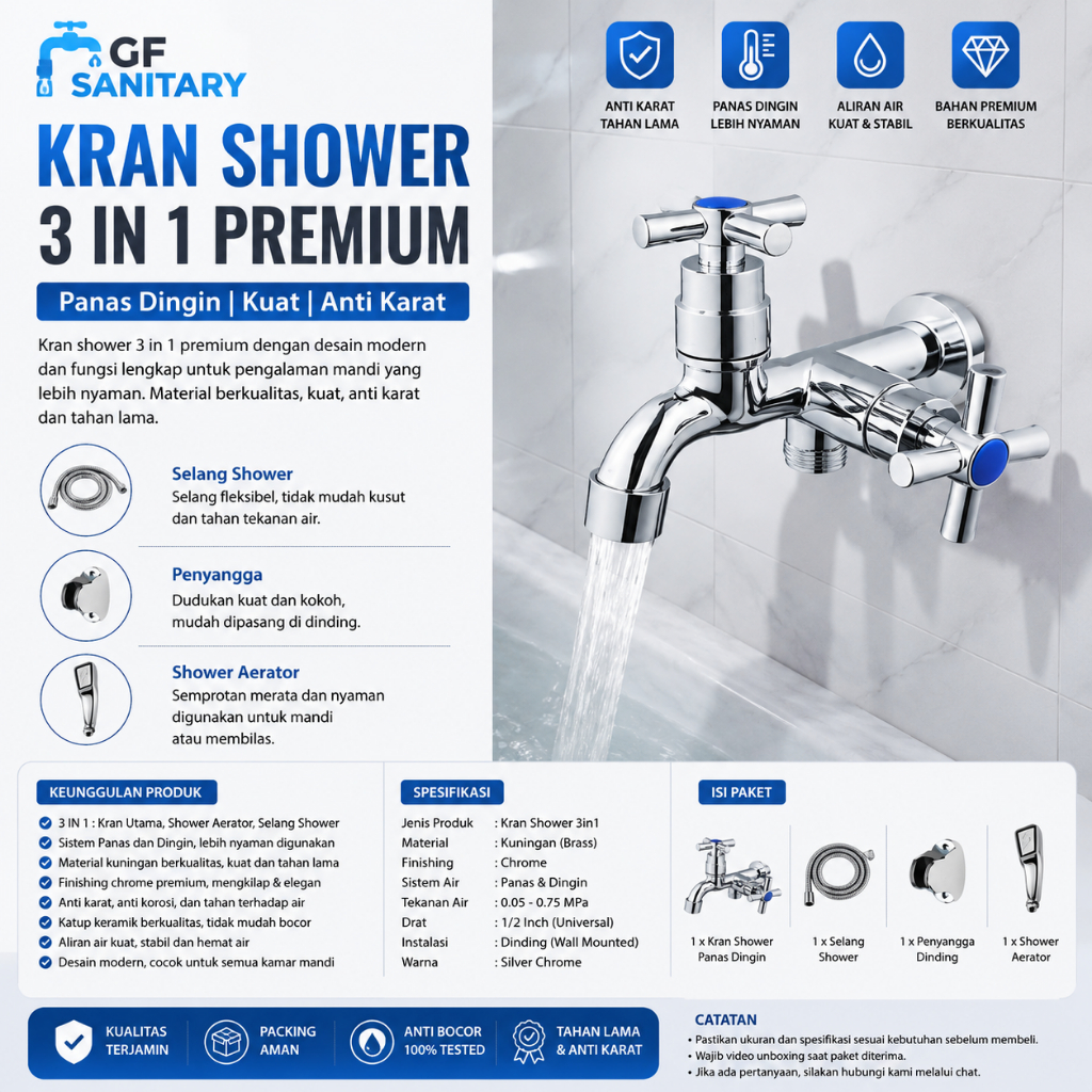 GF SANITARY Kran Shower 3in1 Set Lengkap Hand Shower Aerator Selang Shower Kran Kamar Mandi Tekanan 