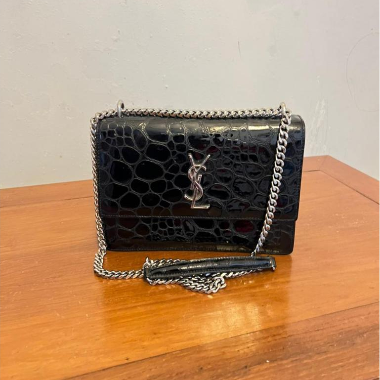 Preloved YSL Sunset Medium in Black Croco Embossed