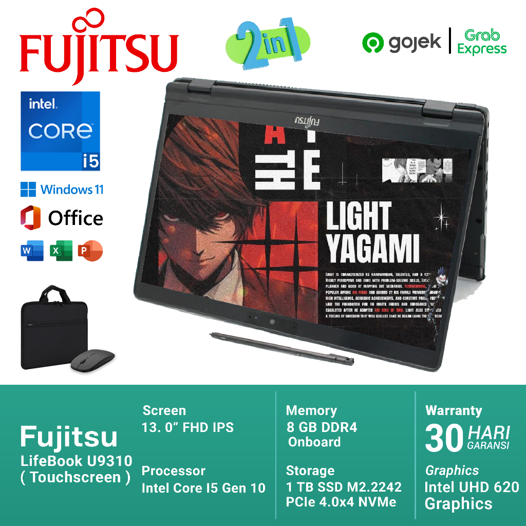 Laptop Lipat Fujitsu U9310 Core I5 Gen 10 RAM 8 GB SSD 1 TB NVME With Stylus Pen Touchscreen