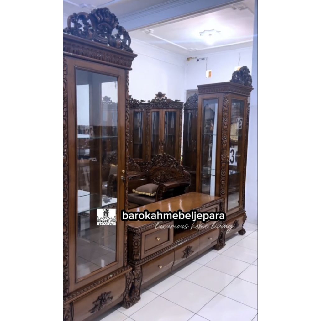 Set bufet tv & lemari hias kaca mewah ukiran finishing melamin glossy