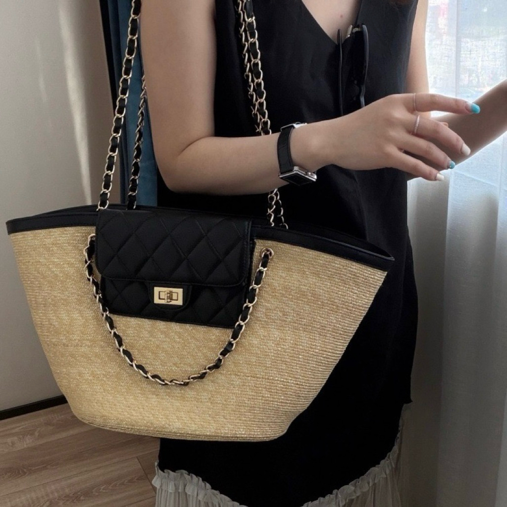 GENEVE - Beach Bag 18/27 Anyaman Mix Lambskin Genuine Leather Tas Kulit Kulas