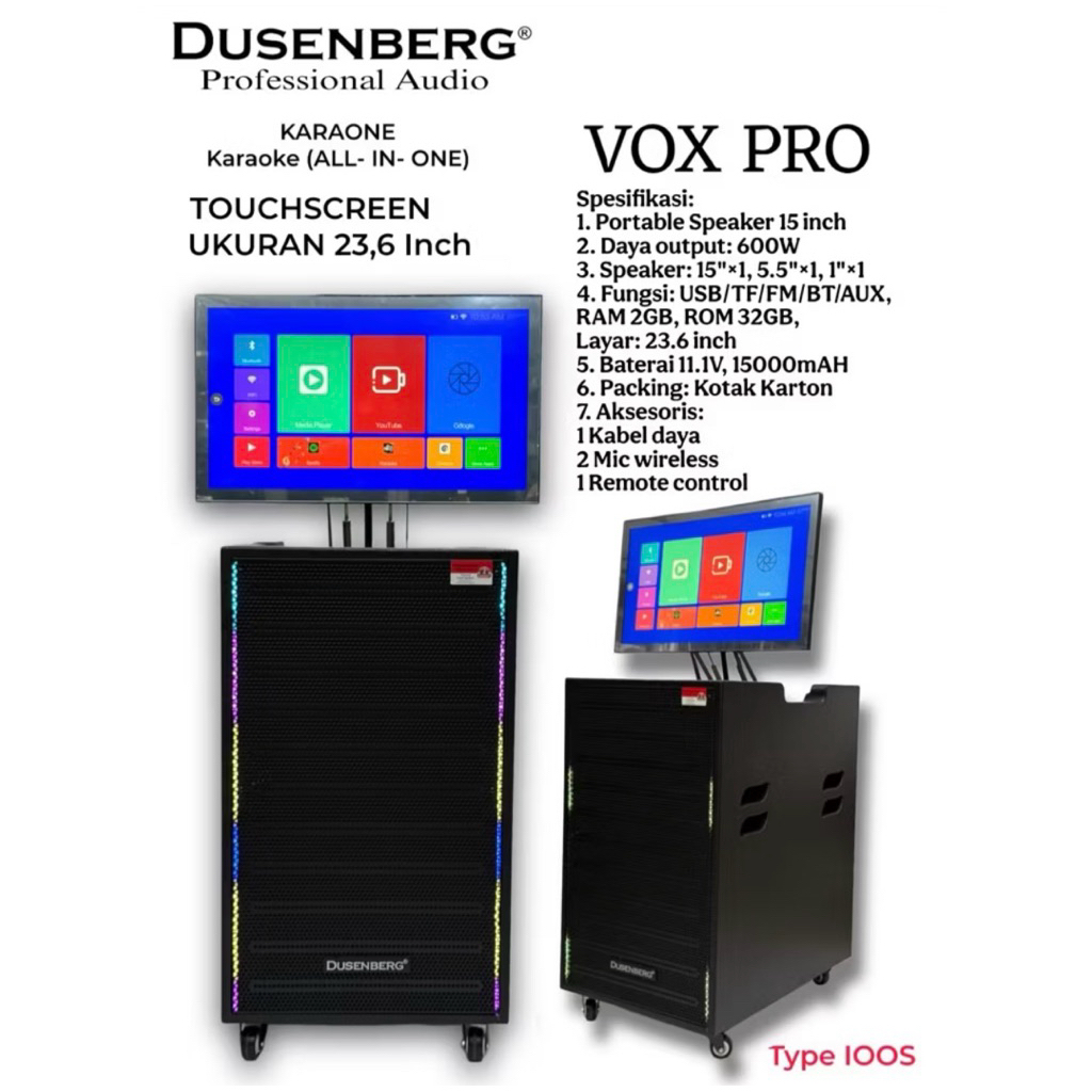 DUSENBERG Speaker Karaoke Portable VOX PRO 15 Inch Touchscreen 23.6 Inch 600W Bluetooth USB 2 Mic Wi