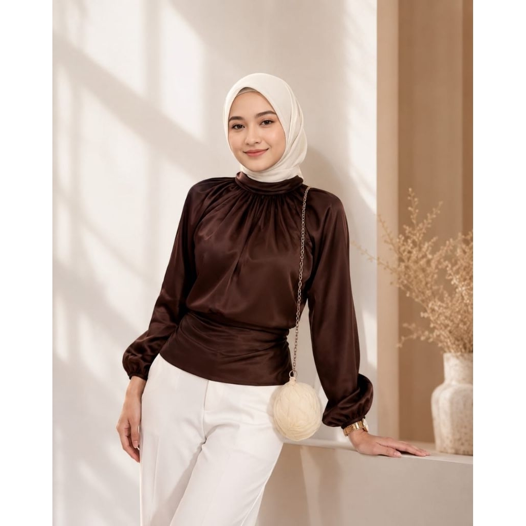 Two one daily - Echa Blouse Drapery Turtle Neck Baju Atasan Wanita Elegan Lengan Panjang Desain Ruff