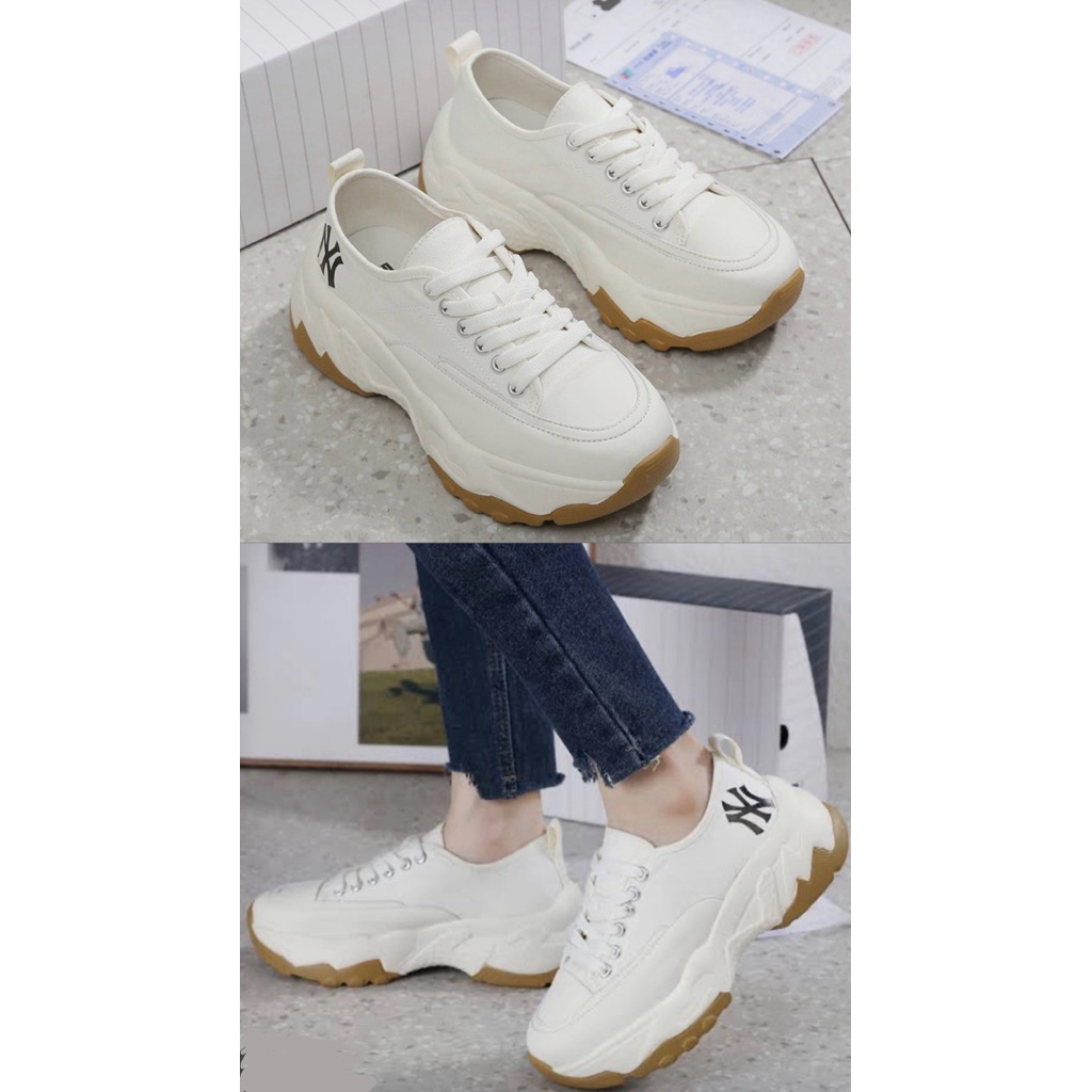 Sepatu MLB 9968 Chunky High Low New York Yankess Canvas Fabric Semi Platinum (Kode: SFA324)