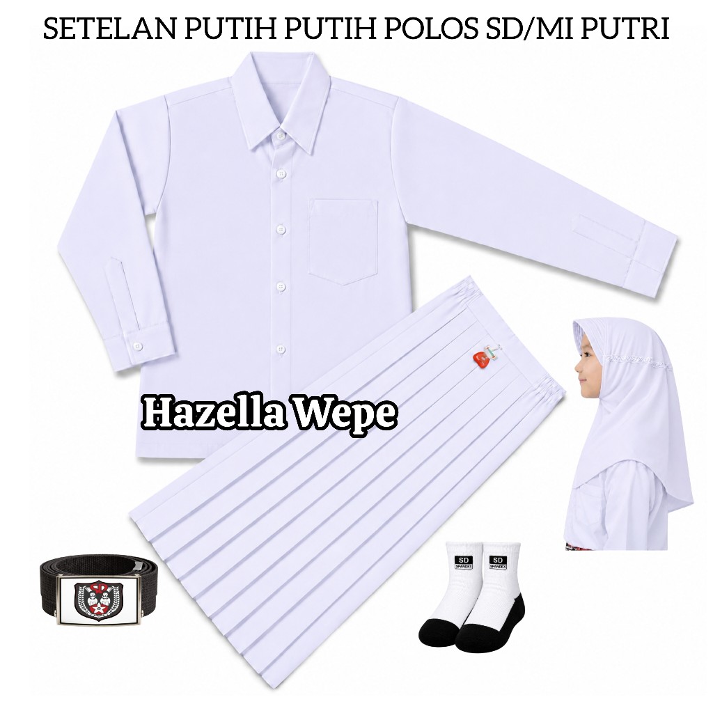 Setelan Seragam PutihPutih Polos SD/MI Anak Perempuan Baju Putih Polos Panjang Rok Putih Panjang