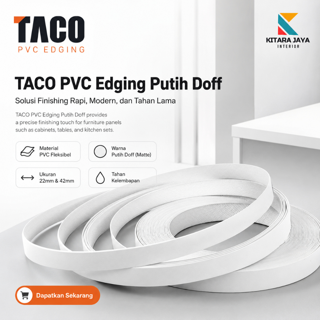 TACO PVC Edging Putih Doff 22mm 42mm Finishing Tepi HPL & Furniture TACO Edging