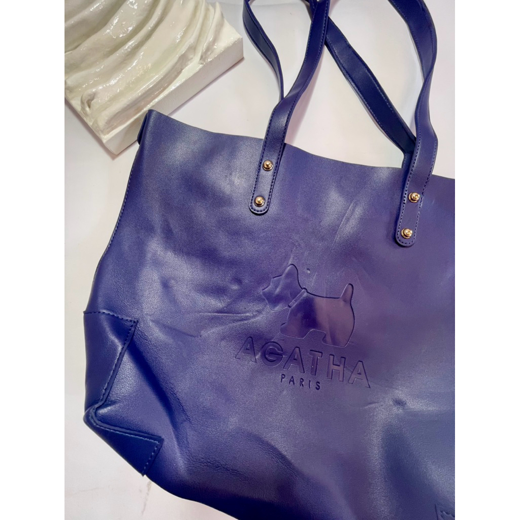 Tote Bag Agatha Paris Kulit Tunggal Kulit Asli Kultung Navy Ukuran Besar