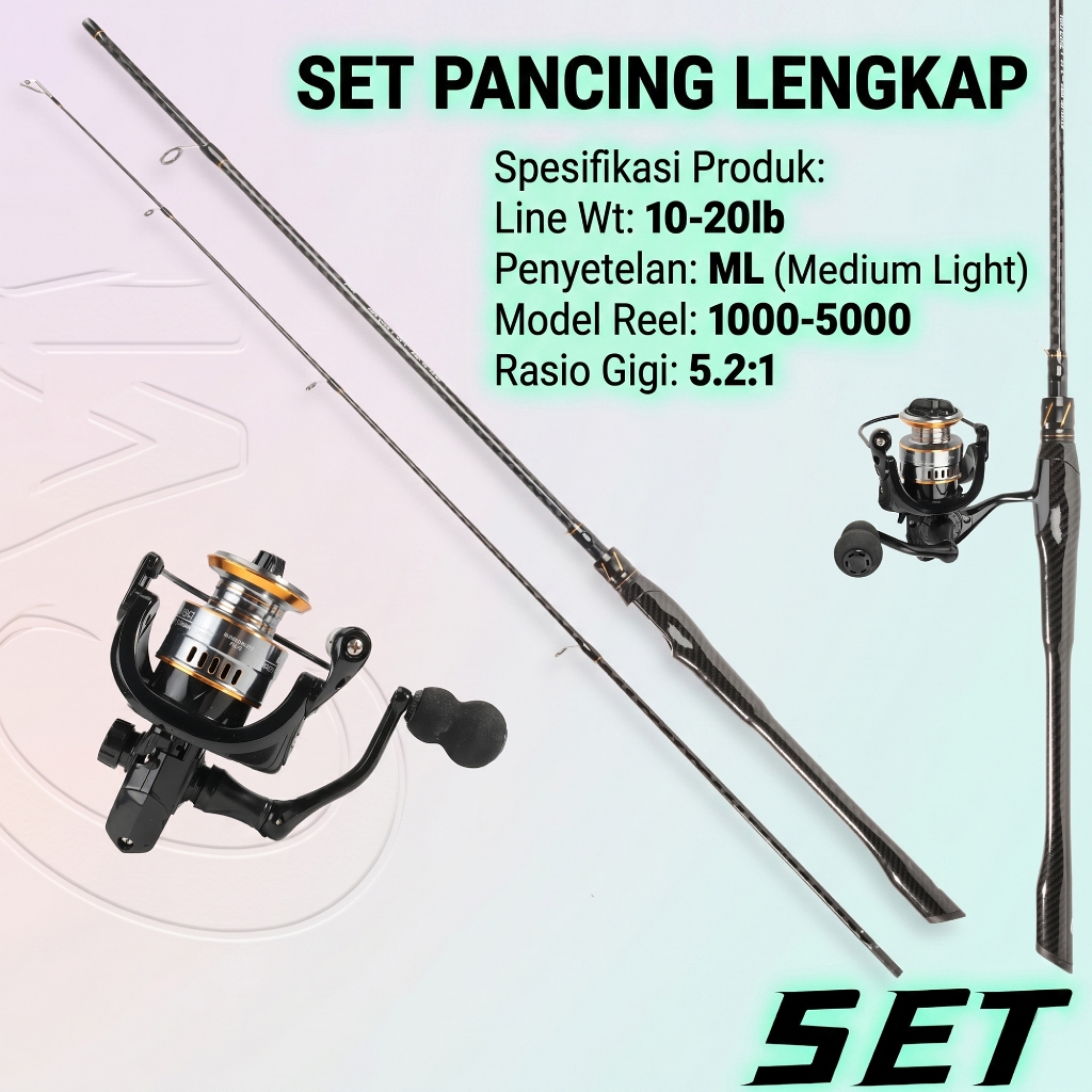 Set joran pancing ML, berat senar: 10-20LB, pegangan ergonomis, tersedia berbagai ukuran, cocok untu