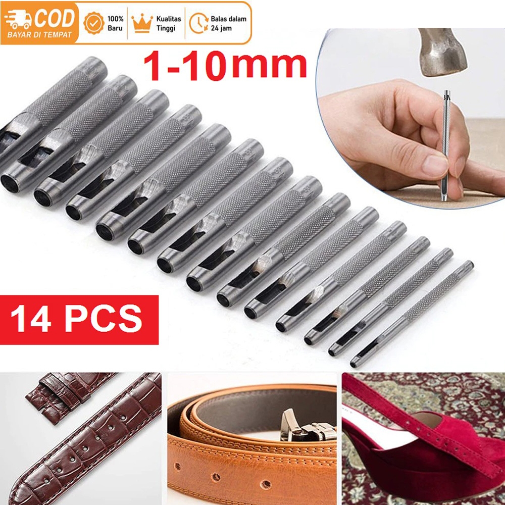 14pcs Alat Pelubang Kulit Set 1-10mm Pelubang Pembolong Kulit Sabuk Bulat Alat Pembolong Sabuk Kulit