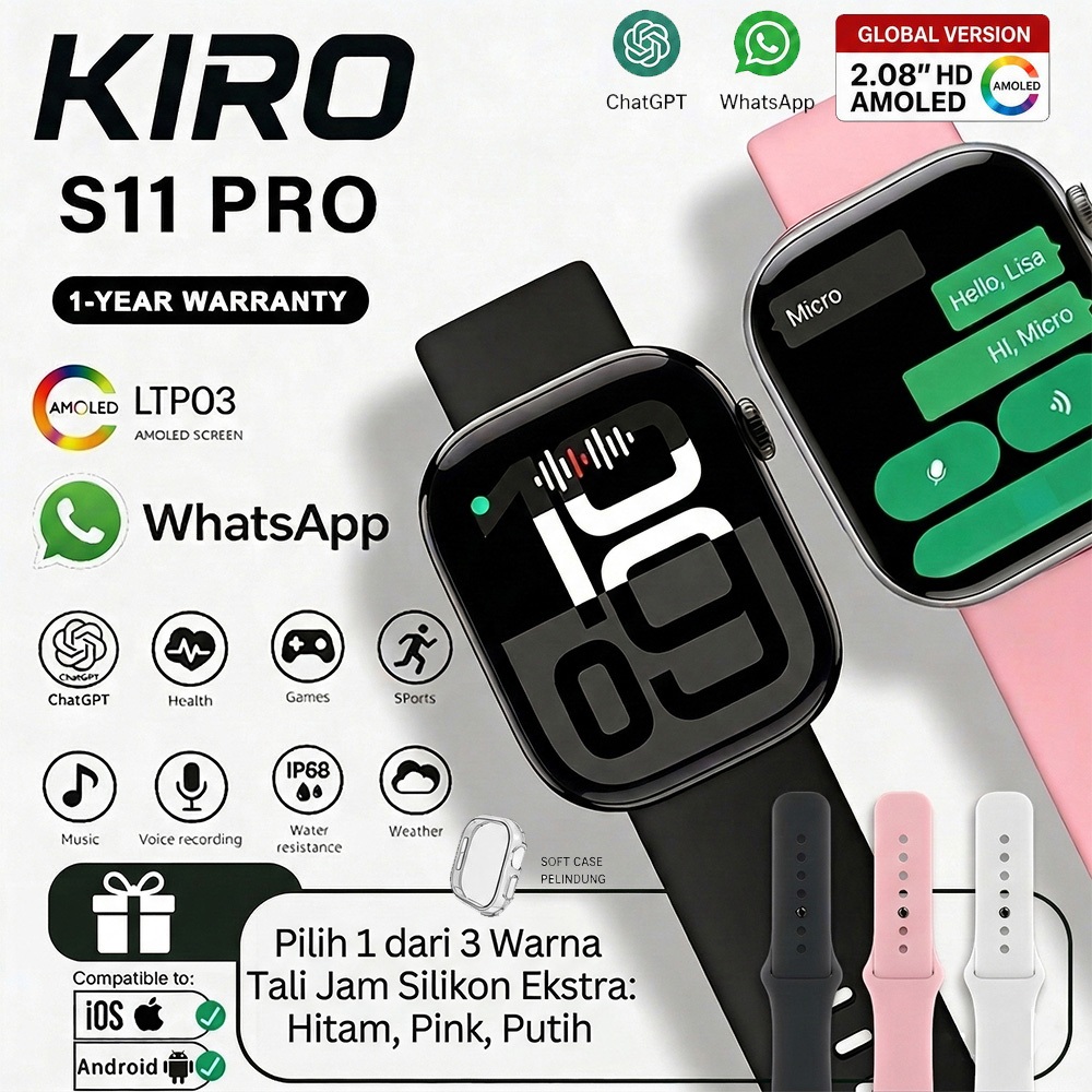 byryul [Garansi 1 Tahun] KIRO Smart WATCH S11 Pro AI Smartwatch for iPhone WhatsApp Message Reply