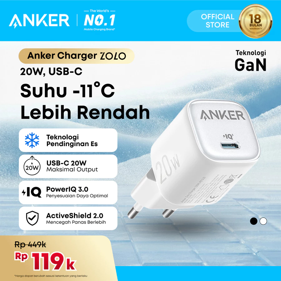 Wall charger Kepala charger adaptor ANKER iced GaN ZOLO 20W A2698 fast charging original