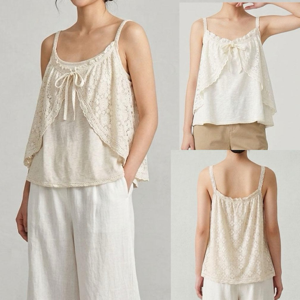 BLUS KAOS TANK TOP CROP LAYER BRUKAT LACE RENDA PREMIUM IVORY PUTIH KOREA IMPORT