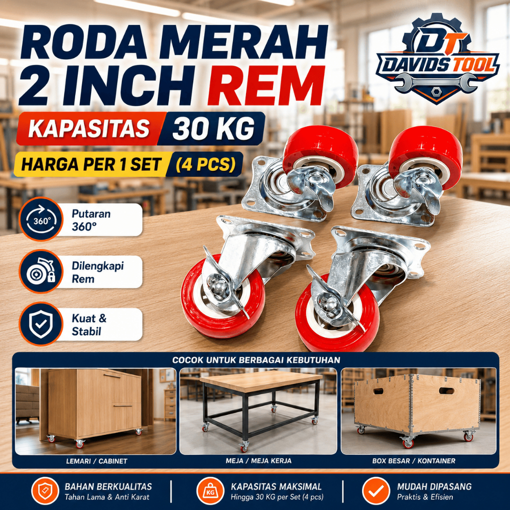 Roda Troli Gerobak Etalase Lemari Kulkas Mesin Cuci Meja Caster Kecil Karet Nilon 2 Inch Merah Rem