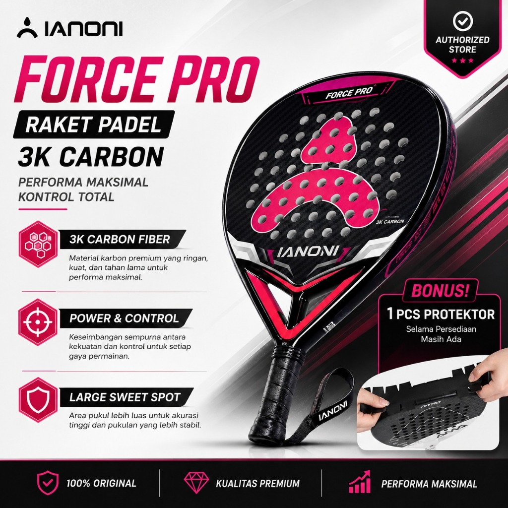 IANONI Force Pro 3K Carbon Raket Padel Premium Diamond Shape EVA Foam 360g