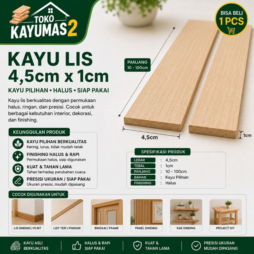 Kayu Lis 4,5cm x 1cm 10-100cm | Lis Kayu Custom, Batang Kayu Untuk Plafon, Furniture, Interior & DIY
