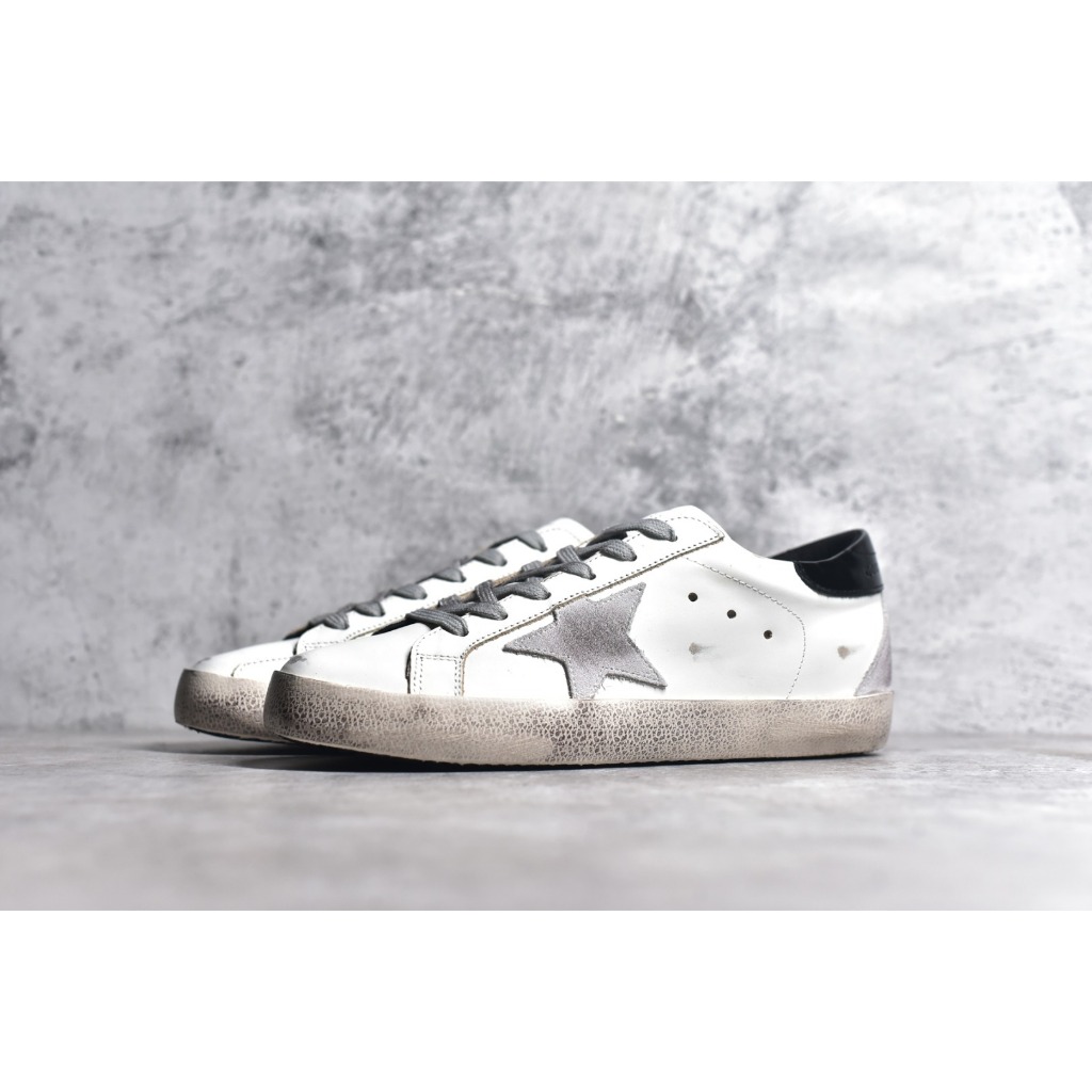 Golden Goose Deluxe Brand (GGDB) Superstar Low White Grey Star Black Heel Tab Metal Stud Lettering (
