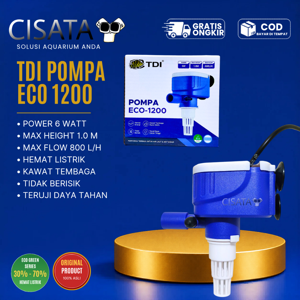 Pompa Celup Aquarium TDI ECO 1200 6 Watt | Flow 800 L/H | Hemat Listrik | Pompa Air Aquarium & Kolam