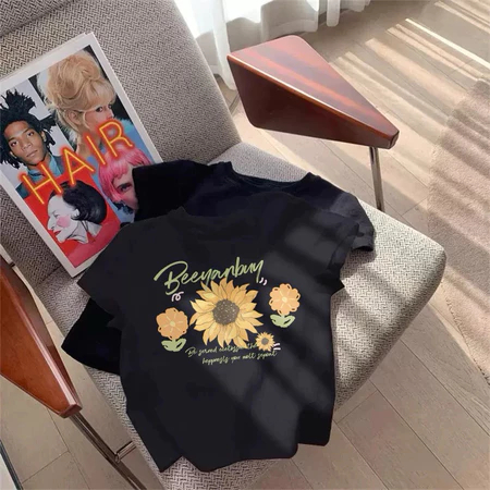 CROP TOP WANITA  BUNGA MATAHARI  BAHAN KNIT PREMIUM KAOS CROPTOP BUNGA MATAHARI