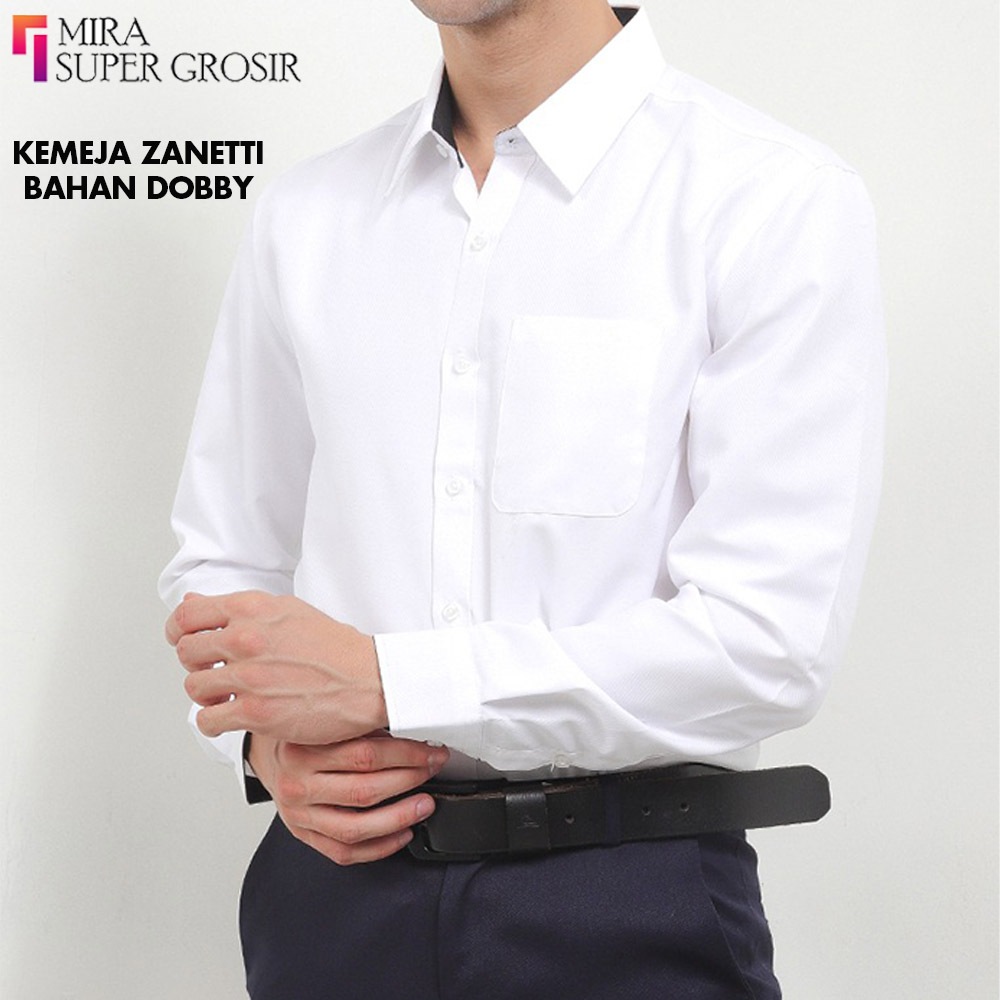ZANETTI Kemeja Putih Dobby Diamond Series Kemeja Hem Pria Basic Slim Fit Putih Hitam Lengan Panjang