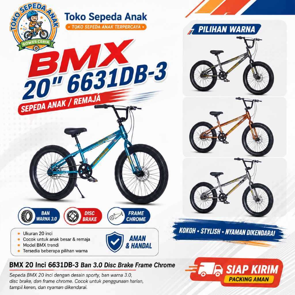Sepeda Anak BMX 20 Inch Centrum 6631 DB-3 Ban 3.0 Disc Brake Frame Chrome Sepeda Anak Remaja