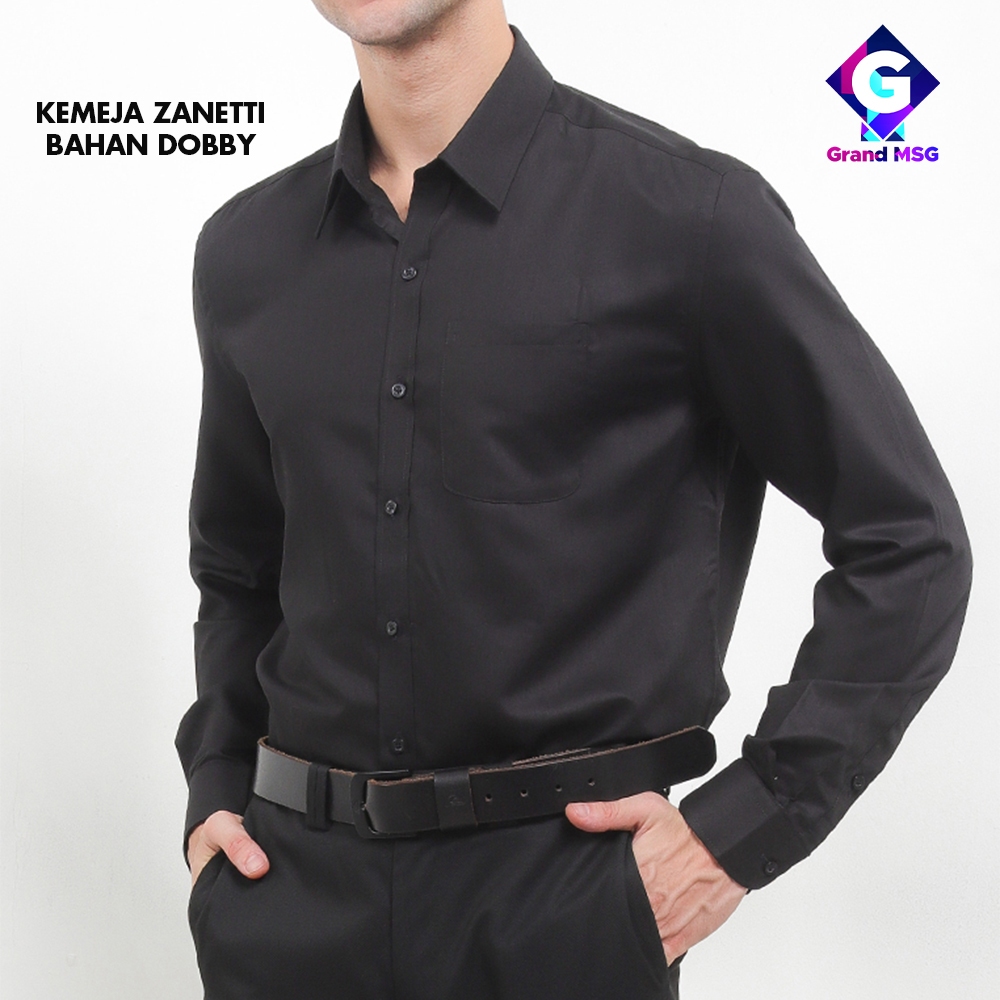 ZANETTI Kemeja Putih Dobby Diamond Series Kemeja Hem Pria Basic Slim Fit Putih Hitam Lengan Panjang