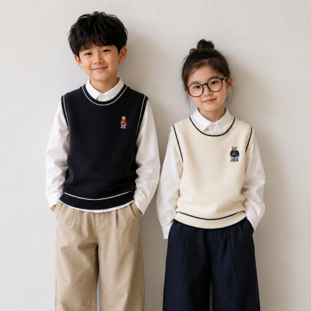 Rompi Rajut Anak CSW2143 Bersulam Bear Bordir Korean Style Vest Anak Laki Perempuan Knit Vest Premiu