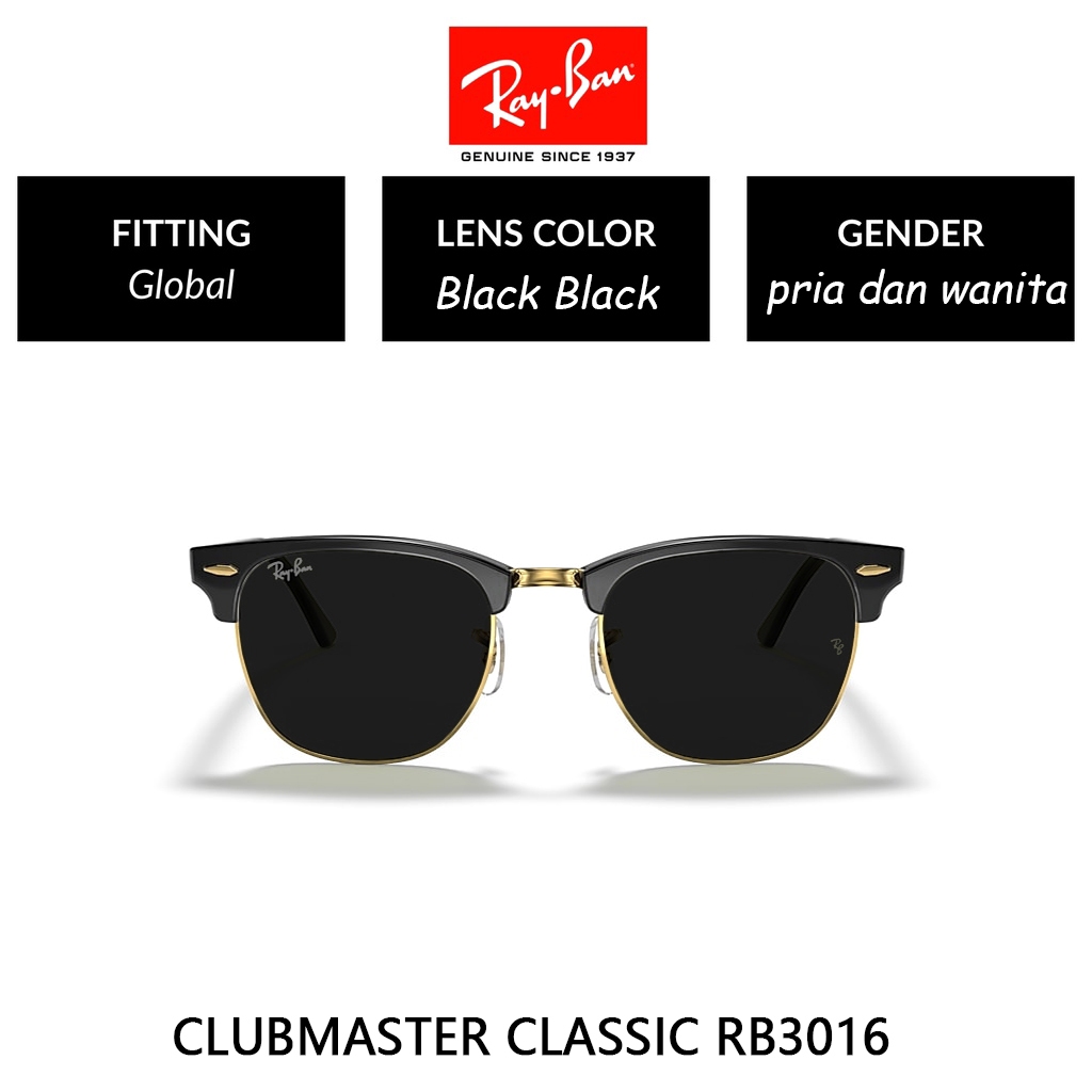 Kacamata Ray-Ban Clubmaster RB3016 Original - Sunglasses Hitam Emas Style Retro Anti UV 400 Cocok Pr