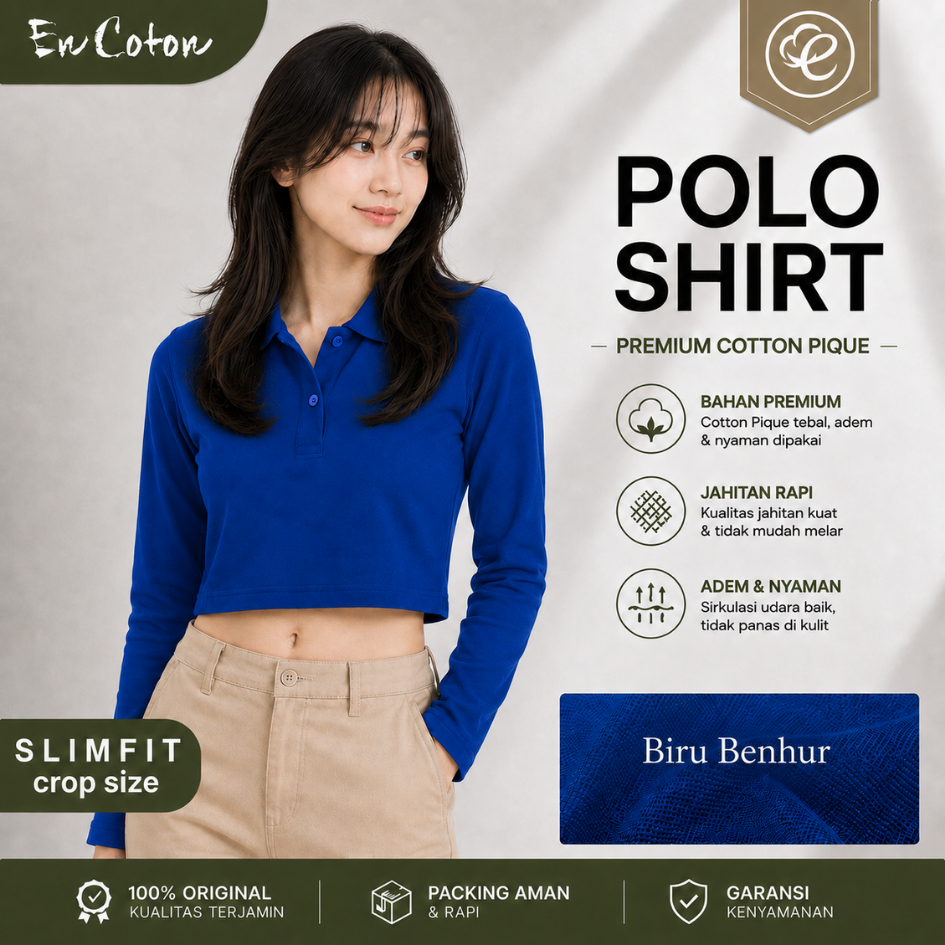 Kaos Kerah Polo CROP TOP LENGAN PANJANG Wanita Cewek BIRU BENHUR ROYAL BLUE BIRU BCA Premium SLIMFIT
