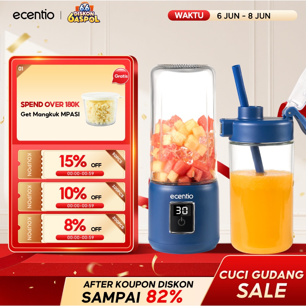 ecentio LED touchscreen juicer portable Dual Cup blender jus buah 500ml+500ml Kaca Gelas blender kap
