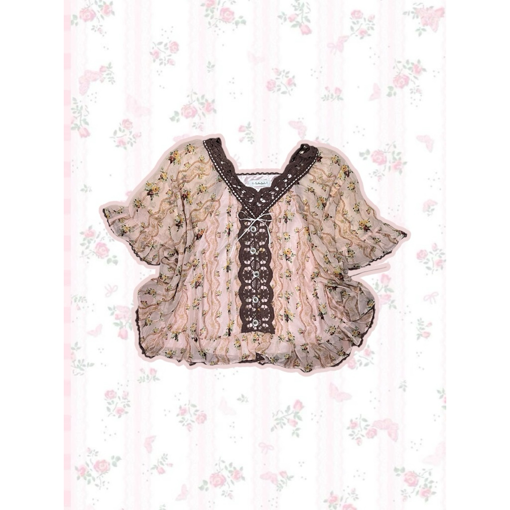 Batwing Floral Top Blouse Atasan Bunga Kawaii Mori Kei