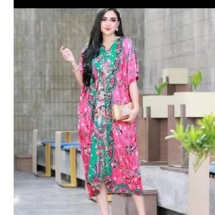 Daster bahan katun warna pink hijau ld nya 130 panjang 110 retseleting depan
