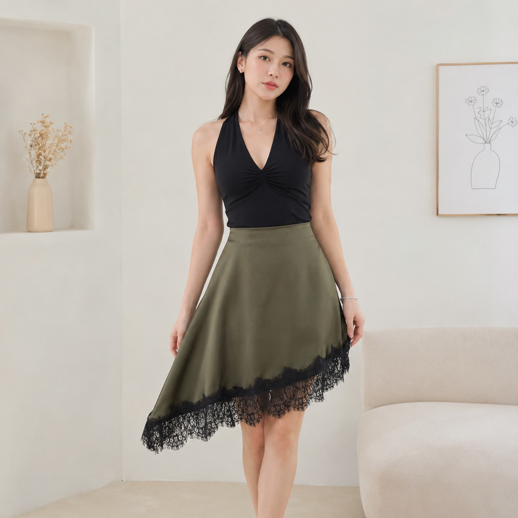 YASUI - Megy Asymmetric Lace Skirt | Rok Asimetris Renda | Rok Asimetris Pendek Wanita