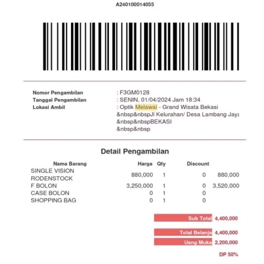 Jual Nota / Kwitansi Kacamata Bon Optik Tunjangan Pembelian Lensa u/ rembesan (reimburse) kantor