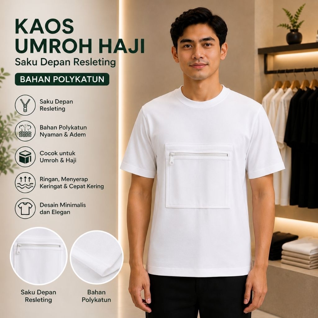 KAOS UMROH / KAOS HAJI / KAOS UMROH HAJI PRIA SAKU RESLETING DEPAN