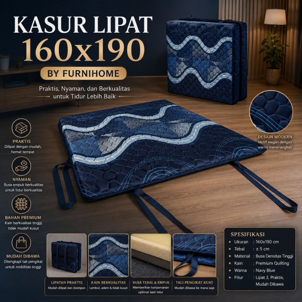 Kasur Lipat 160x190 By Furnihome ID - Praktis, Busa Berkualitas, Bawahan Menggunakan Kain Sintetis, 