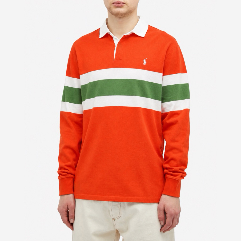 Polo Ralph Lauren Rugby Stripe Long Sleeve Polo Shirt In Orange / Green / White