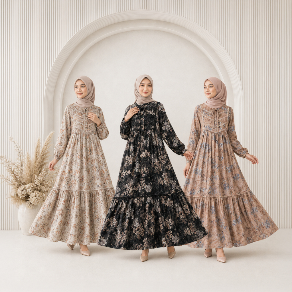 Zeeya Collection Almera Motif Gamis Muslim Syari Wanita Bahan Rayon Premium Size All Size